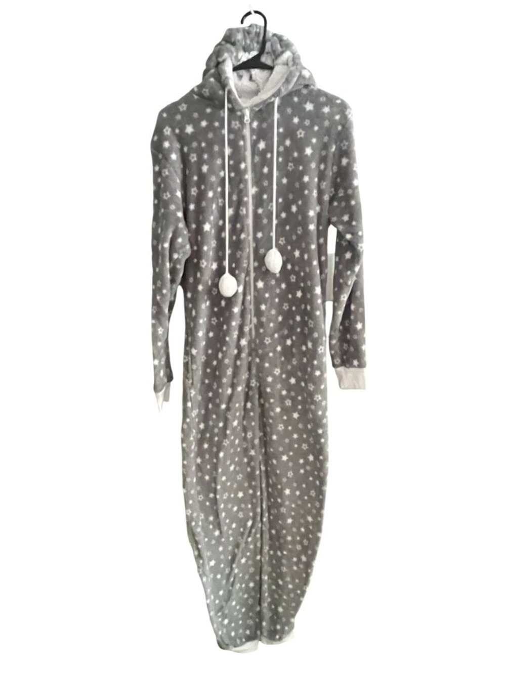 Heather Gray/White Star Print Fleece Hooded Zip Front One Piece Pajama Womens M